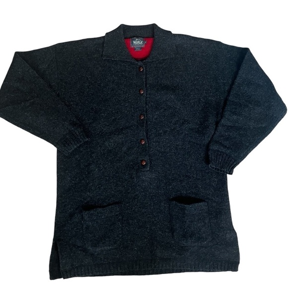 VTG WOOLRICH XL Charcoal Heather 100% Wool Button Henley Tunic Sweater Handknit - Picture 1 of 8